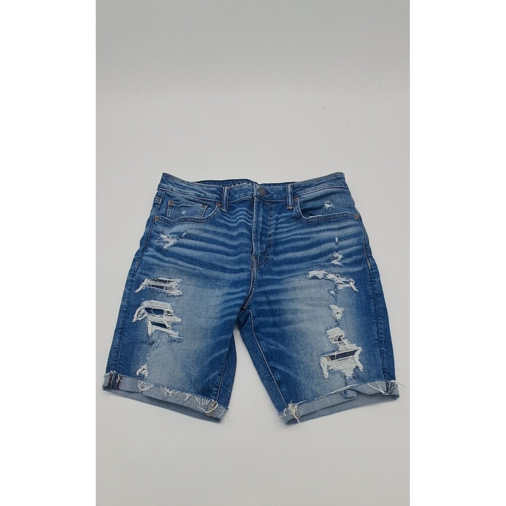 American Eagle AirFlex+ Blue Distressed Stretch Jean Shorts Flat Front 5-Pkt
